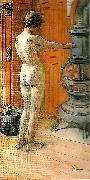 Carl Larsson, leontine staende , naken rygg- naken flicka framfor kamin- framfor kaminen